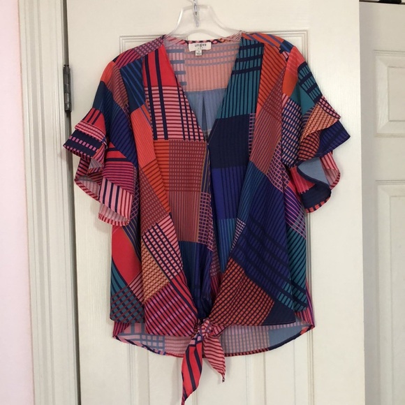 Umgee Multicolor Patchwork‎ Wrap Ruffle Sleeve Blouse Boho Small - Picture 2 of 6